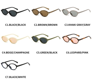 Collection of oval sunglasses in seven trendy color frames with various tinted lenses
