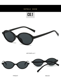 Three-way view of retro black oval sunglasses showing front, back, and 45-degree angle