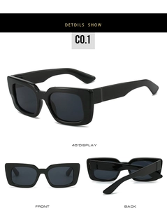 Trois perspectives de lunettes de soleil carrées noires montrant les vues avant, arrière et latérale