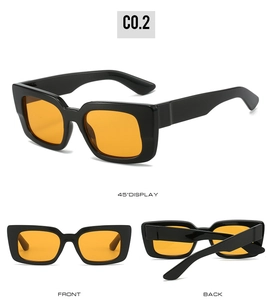 Vue sous trois angles de lunettes de soleil carrées avec monture noire et verres orange