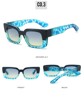 Détails de lunettes de soleil carrées avec cadre noir et motif léopard bleu marbré