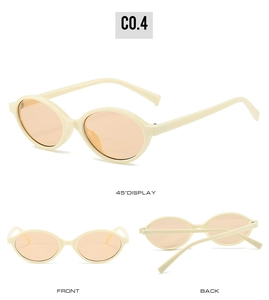 Detailed views of oval cream sunglasses with orange lenses from front and side angles
