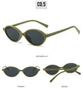 Multi-angle view of olive green oval sunglasses with deep grey lenses and durable hinges