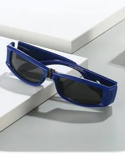 Detail view of model 19636 blue square frame sunglasses with CE mark and size engraving