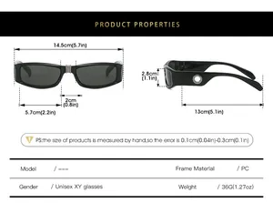 Detailed size specifications for vintage small square frame unisex sunglasses in PC material