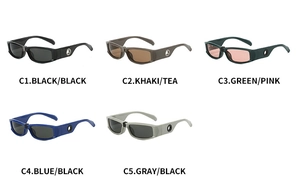 Multiple color options of narrow retro sunglasses featuring round silver metal ornaments