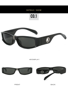 Detailed views of rectangular black sunglasses featuring metallic temple decorations