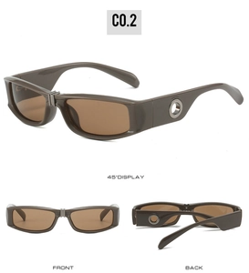 Three angles of tea grey square sunglasses with unique hollow metal ring temple design