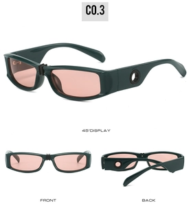 Multi-angle view of dark green rectangle sunglasses with light pink lenses and circular cutouts