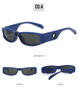 Three-view detail of blue rectangular sunglasses with gray lenses and industrial cutouts
