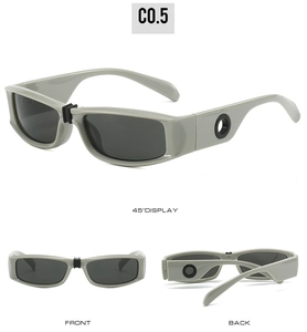 Detailed multi-angle views of grey square frame sunglasses with dark lenses and black accents