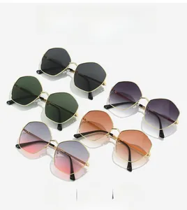 Detailed showcase of irregular geometric sunglasses with colorful gradient lenses and metal frames