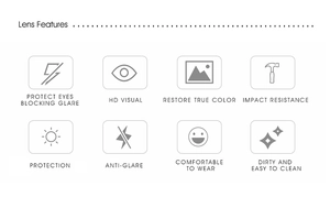 Detail showcasing HD visual lenses with anti-glare and impact resistance properties