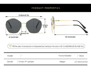Detailed size chart for irregular metal frame sunglasses with precise measurements