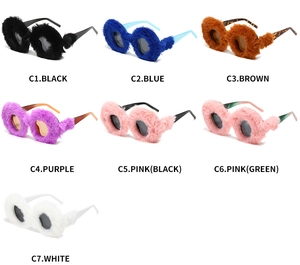 Detailed grid showing seven colorful faux fur plush oval sunglasses in multiple colorways
