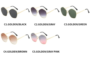 Detailed grid view of irregular metallic sunglasses in five stylish gradient lens colors