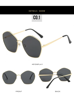 Detailed views of irregular hexagonal gold metal sunglasses with dark polarized lenses