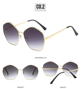 Detailed views of irregular geometric gold sunglasses with gradient lenses from three angles