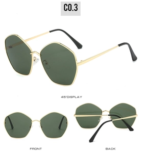 Detailed views of irregular gold metal sunglasses with dark green hexagonal lenses