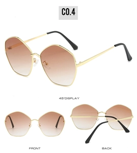 Three-view display of irregular gold metal sunglasses with brown gradient lenses