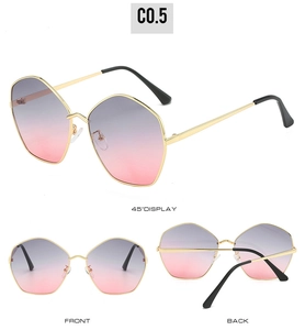 Detailed views of irregular geometric gold metal sunglasses with purple gradient lenses