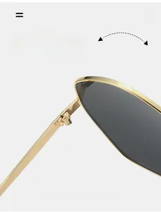 Macro view of durable metal hinge on irregular sunglasses with dark lenses