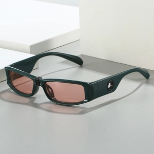Modern rectangular sunglasses in dark green frames with metal ring detail on temples