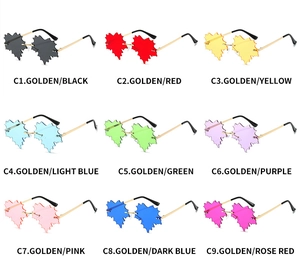 Matrix display of nine color variations of rimless maple leaf sunglasses with gold temples