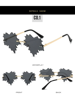 Detailed views of rimless gold metal sunglasses with unique maple leaf shaped lenses