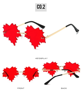 Three-way view of red maple leaf rimless sunglasses with gold metal frames and lenses