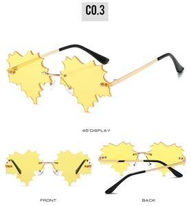 Detailed multi-angle views of rimless maple leaf sunglasses with yellow lenses