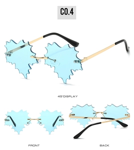 Detail view of blue maple leaf-shaped rimless sunglasses from front and side angles