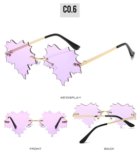 Three views of rimless purple maple leaf sunglasses with gold metal frames and black tips