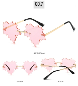 Detailed view of pink maple leaf rimless sunglasses with gold frames in multiple angles
