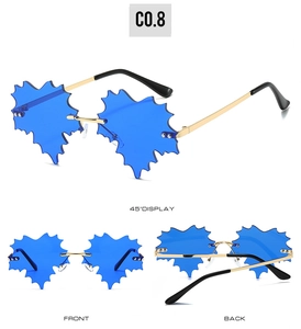 Three-view layout of rimless sunglasses with blue maple leaf lenses and gold metal temples
