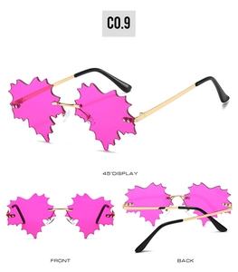 Three-way view of rimless maple leaf sunglasses with pink lenses and gold metal temples
