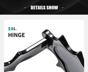 Close-up of durable metal hinge on irregular Y2K sunglasses with black glossy frames