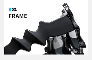 Detailed close-up of glossy black wavy frame design for futuristic Y2K punk sunglasses