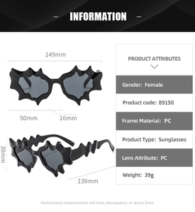 Detailed size chart for black irregular punk sunglasses with Y2K futuristic jagged frames