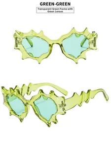 Detailed view of Y2K sunglasses with irregular jagged green transparent resin frames
