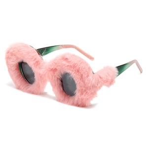 Round Plush Sunglasses Faux Fur Trimmed Oval Eyewear UV400 Protection Fashion Novelty Party Sun Glasses For Women Men