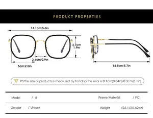 Detailed size chart for square frame glasses with full measurements in cm and inches