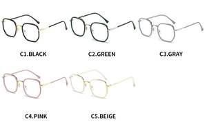 Various square frame optical glasses in black, green, gray, pink, and beige colors