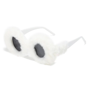 Stylish white round sunglasses with plush faux fur trim and dark tinted lenses
