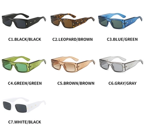 Grille détaillée montrant sept options de couleurs pour ces lunettes de soleil carrées
