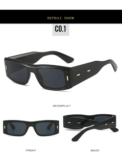 Vues détaillées de lunettes de soleil rectangulaires noires avec rivets dorés sur les côtés