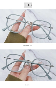 Detail view of square Morandi grey glasses frame with metal temples and CE marking