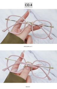 Side and back view of pink square eyeglasses frames with slim gold metal temples