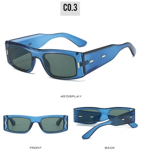 Détails en trois vues de lunettes de soleil bleues rectangulaires avec verres verts et or
