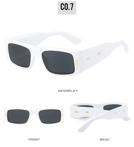 Affichage en trois vues de lunettes de soleil rectangulaires blanches avec détails dorés
